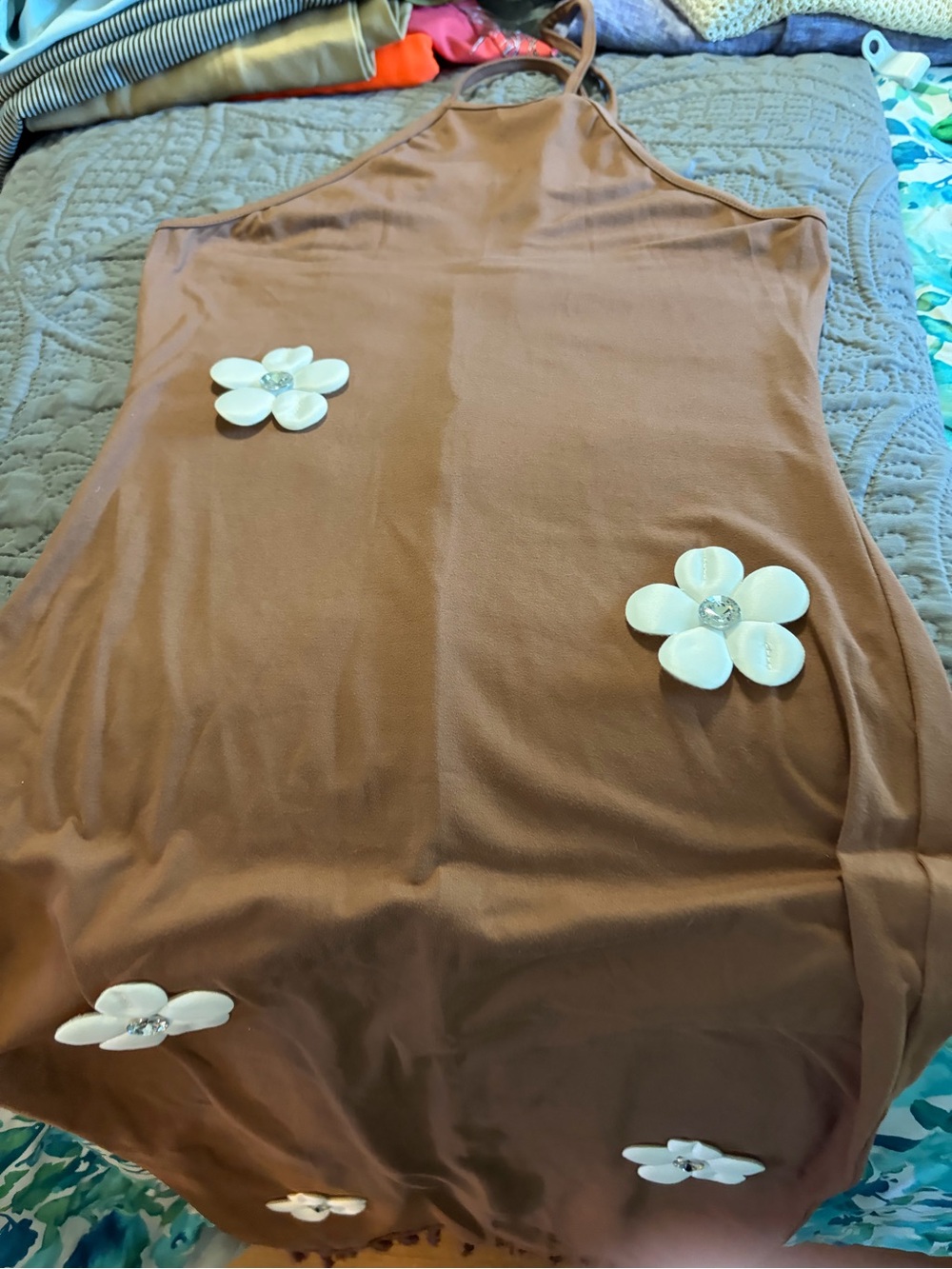 Source Unknown Brown Maxi Dress with White Floral Appliqués